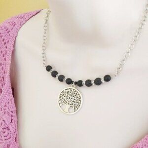 LAST ONE! Beaded "Tree of Life" Medallion - Black + Silver Necklace Choker @ 17"